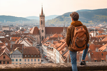 a traveler looks down on an European town 
