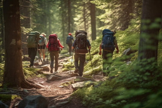 a group of people hiking in a forest