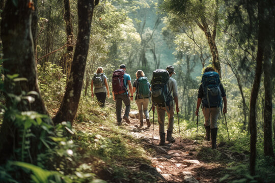 a group of people hiking in a forest