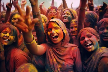 People celebrating Holi festival of colors, India, Generative AI Technology