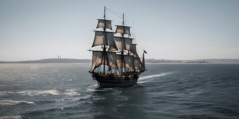 a large sailing ship in the middle of the ocean