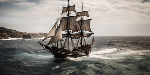 a pirate ship in the middle of the ocean