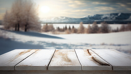 Empty old wooden table with winter background
