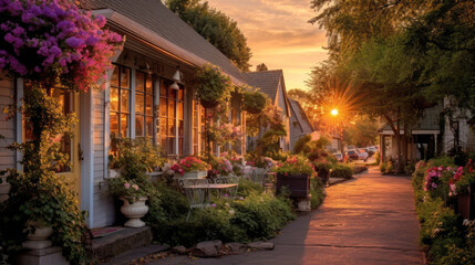 Fototapeta na wymiar Small town during a stunning sunset. Generative AI
