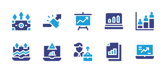 Increase and decrease icon set. Duotone color. Vector illustration. Containing profits, growth, line graph, chart, marketing, risk, businessman, data analytics, trade.