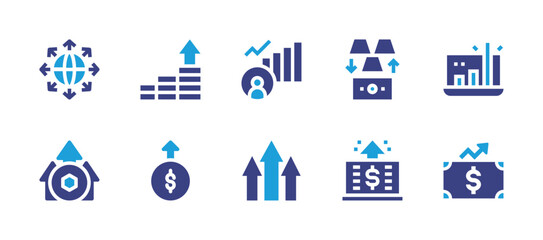 Increase and decrease icon set. Duotone color. Vector illustration. Containing expansion, growth, social growth, gold ingots, profit, investment, revenue, increase, earnings, economic.