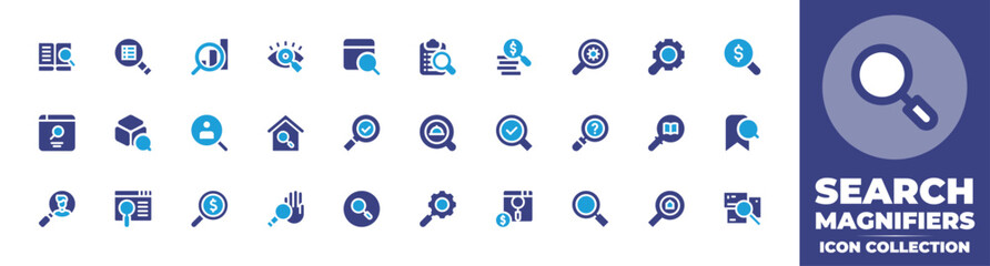 Search magnifiers icon collection. Duotone color. Vector and transparent illustration. Containing search, vision, website, clipboard, magnifying glass, seo, find, loupe, question, explore, and more.