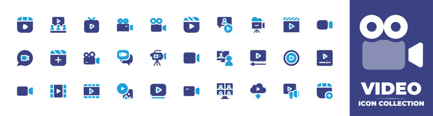 Video icon collection. Duotone color. Vector and transparent illustration. Containing video player, learning, television, videocamera, video camera, clapperboard, video message, camera, and more.