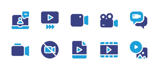 Video icon set. Duotone color. Vector illustration. Containing video chat, fast forward, video, videography, video camera, no video, video file, video marketing, media.