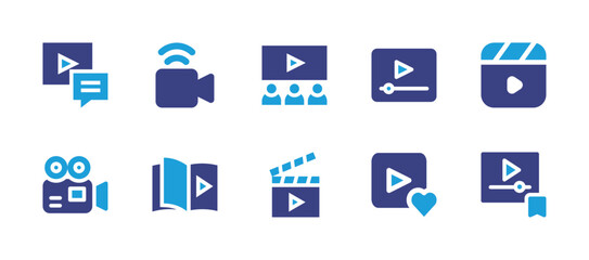 Video icon set. Duotone color. Vector illustration. Containing video, live streaming, team review, video player, clapperboard, video camera, favorite.