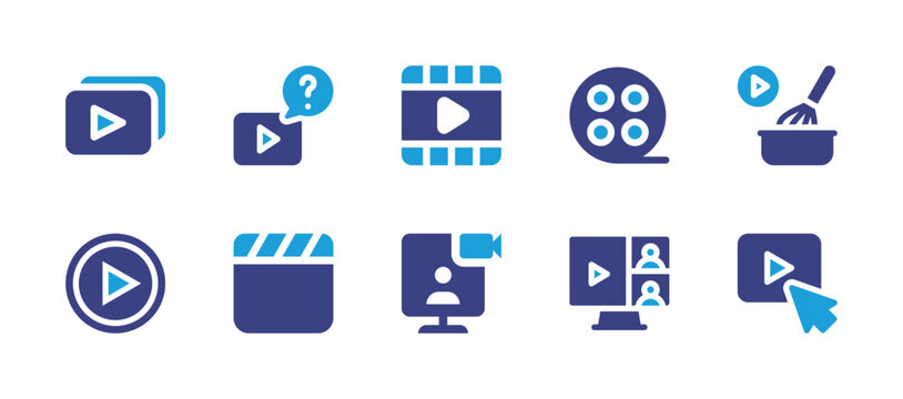 Video icon set. Duotone color. Vector illustration. Containing video playlist, quiz, video, cinema reel, cooking, play button, clapper, video chat, youtube.
