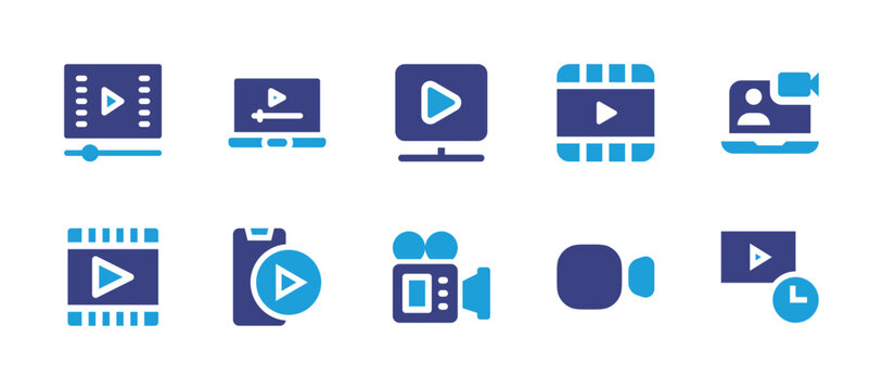 Video icon set. Duotone color. Vector illustration. Containing video clip, video, watch, filmstrip, video chat, video camera, short.