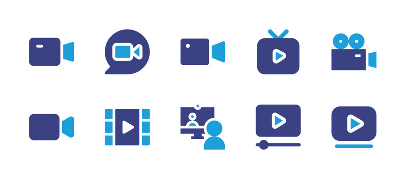 Video icon set. Duotone color. Vector illustration. Containing record, video chat, video, television, videocamera, video camera, multimedia player, video call, video lesson.