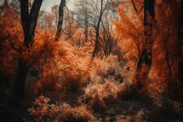 Fototapeta na wymiar Fall forest ablaze with colored trees basking in warm sunlight. Generative AI