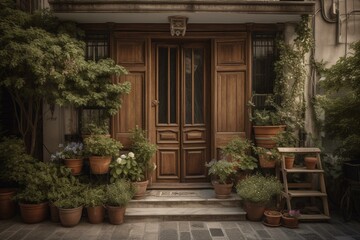 Fototapeta na wymiar Charming wood doorway with flower pots in front, located in Athens. Generative AI