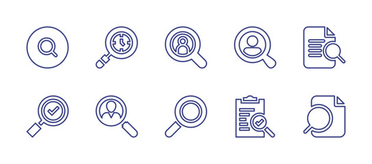 Search magnifiers line icon set. Editable stroke. Vector illustration. Containing search, magnifying glass, people, preview, recruitment, quality control, file.