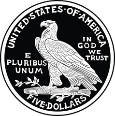 Vector design American gold coin 5 dollars handmade  silhouette