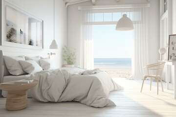 3D rendered white coastal bedroom with cozy vibe. Generative AI