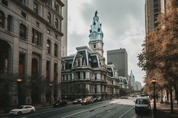 Fototapeta na wymiar Traffic-filled Philadelphia City Hall & nearby Old Building in Pennsylvania with Clock Tower & Tourist Architecture. Generative AI
