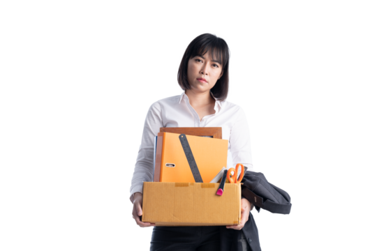 Working woman wearing a suit is holding a toolbox. Fired