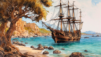 The ship is near the shore. Cartoon illustration. High quality illustration Generative AI