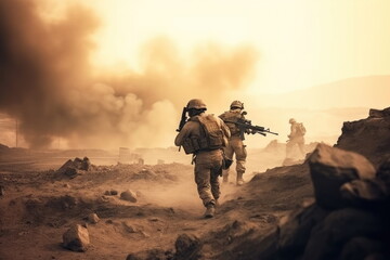  soldiers crosses warzone with fire and smoke in the desert, military special forces, tank