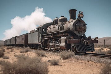 Fototapeta na wymiar A train powered by steam traversing through arid and desolate terrain. Generative AI
