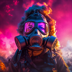 A woman wearing a gas mask and a pink and purple sky with clouds and smoke., generative AI
