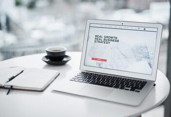 Empty, laptop screen and business plan with strategy on table with notebook, digital corporate...
