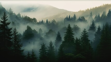 Foggy morning in the mountains. Beautiful landscape with coniferous forest, Generative AI