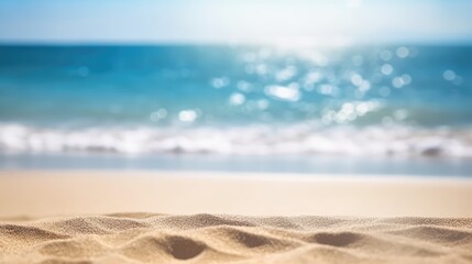 Fototapeta na wymiar Closeup of sand on tropical beach with sea and blue sky background, Generative AI