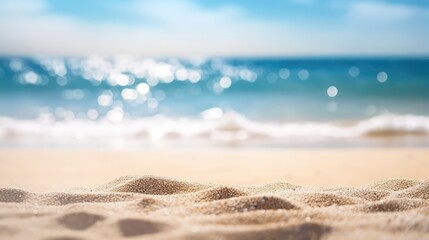 Fototapeta na wymiar Closeup of sand on tropical beach with sea and blue sky background, Generative AI