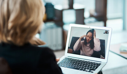 Video call, laptop and online therapy by therapist talking to a depressed person with telehealth for anxiety or mental health. Virtual, psychology and psychologist counseling a woman with depression