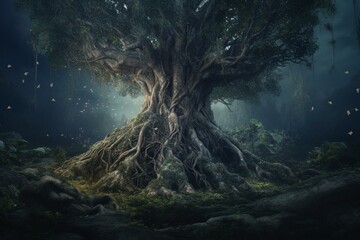 Fototapeta na wymiar Fantasy illustration of a stunning tree with roots and vibrant surroundings. Generative AI
