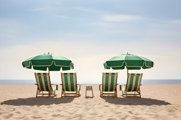 Green Beach Chairs and Green Beach Umbrellas on the Beach, Generative AI - 601594130