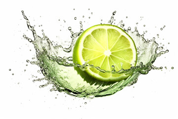 Fresh lime cut in half with water splash isolated on white background, AI generative