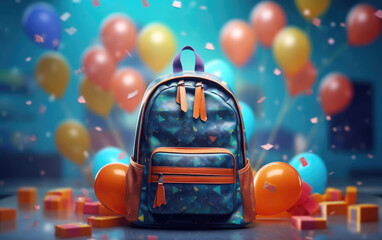 Obraz na płótnie Canvas Backpack and balloons, back to school concept, Generative AI