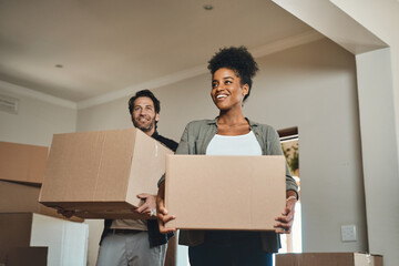Happy couple, real estate and moving in with boxes for renovation, investment or relocation in new...