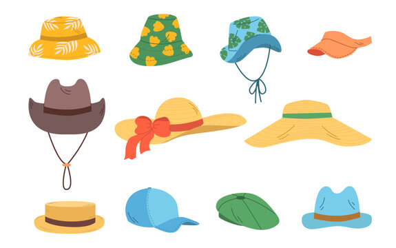 Set female and male summer hats. Panamas, caps, baseball hat, cowboy hat, straw hats. Stylish modern design. Flat hand drawn colorful vector illustration isolated on white background.