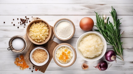 Homemade  grits in bowls on white wooden background. American cuisine. Recipes with grits. Top view, flat lay, ai illustration 