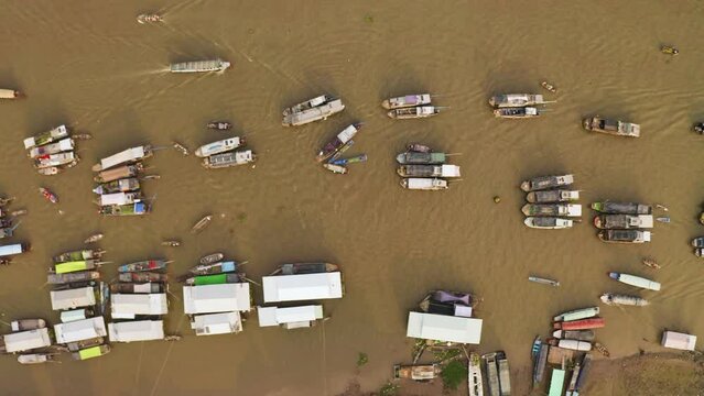 Aerial view of floating market, Song Can Tho River in Cai Rang Vietnam