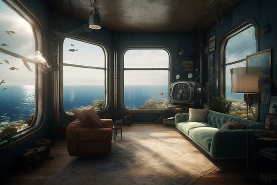 Submarine living room with ocean view. Generative AI