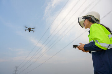 A picture of a female electrical engineers wearing VR headset (VR glasses) work at the electricity...
