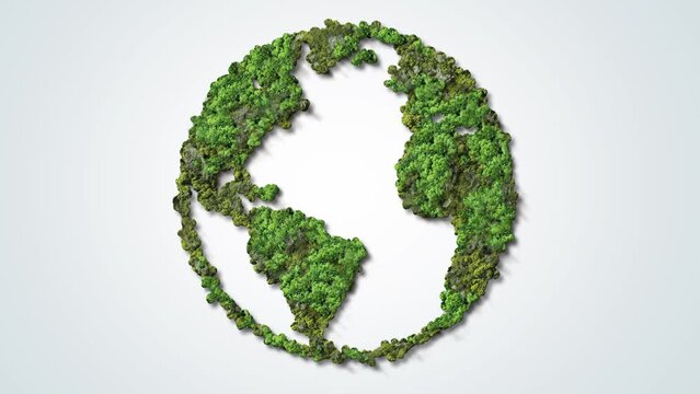 Green World Map- Earth day video tree or forest shape of world map isolated on white background. Earth Day or Environment day Concept. Green earth with electric car. Paris agreement concept.