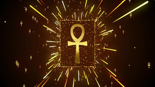 Abstract Religious Golden Shiny Ankh Key Of Life Ancient Egypt Symbol Motion Light Streaks Burst With Glitter Sparkle Particles, 10-20 Seconds Seamless Loop
