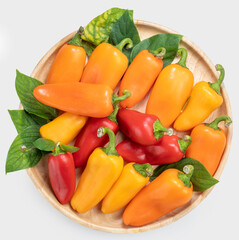 Mixed Color Sweet bite Peppers  or Bell pepper on wooden plate Isolate on white background with clipping path.