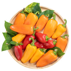 Mixed Color Sweet bite Peppers  or Bell pepper on wooden plate  on white background PNG File.