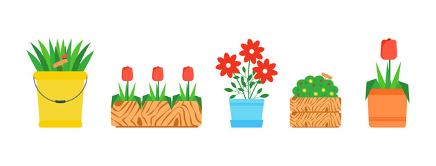 Set of various items for the garden. Gardening and horticulture tools. Flat design on white background. Vector illustration.