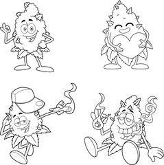 Outlined Marijuana Bud Cartoon Characters Smoking A Joint. Vector Hand Drawn Illustration Isolated On Transparent Background
