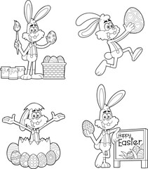Outlined Easter Rabbit Cartoon Mascot Character. Vector Hand Drawn Collection Set Isolated On Transparent Background